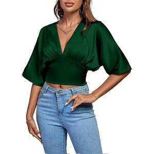 image:imageLYANER Womens Satin Deep V Neck Ruched Blouse Shirred Back Batwing Short Sleeve Crop TopDark Green
