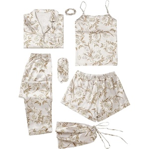 image:imageLYANER Womens Satin Pajamas Set 7pcs Silky Sleepwear Loungewear Cami Shorts and Button Down Long Sleeve Pjs SetFloral Champagne