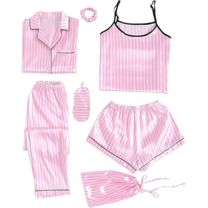image:imageLYANER Womens Satin Pajamas Set 7pcs Silky Sleepwear Loungewear Cami Shorts and Button Down Long Sleeve Pjs SetStriped Pink