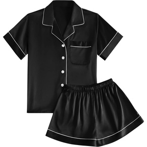 image:imageLYANER Womens Satin Pajamas Set Short Sleeve Button Shirt Silky Sleepwear With Shorts Set PJBlack