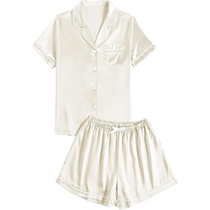 image:imageLYANER Womens Satin Pajamas Sets Short Sleeve Button Shirt Silky Sleepwear With Shorts PJsBeige