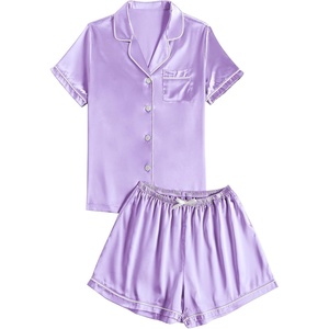 image:imageLYANER Womens Satin Pajamas Sets Short Sleeve Button Shirt Silky Sleepwear With Shorts PJsLight Purple