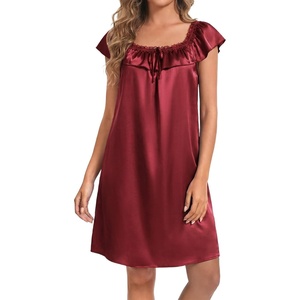image:imageLYANER Womens Satin Silky Lace Trim Square Neck Ruffle Cap Sleeve Casual Midi Night DressWine Red