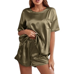 image:imageLYANER Womens Satin Silky Pajama Set Short Sleeve Tshirt With Shorts Set PJ LoungewearOlive Green
