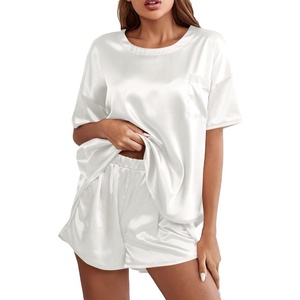 image:imageLYANER Womens Satin Silky Pajama Set Short Sleeve Tshirt With Shorts Set PJ LoungewearWhite