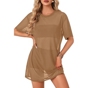 image:imageLYANER Womens Sheer Mesh Short Sleeve Tops Sexy See Through Oversized Shirt Dress Cover Ups TunicLight Brown01