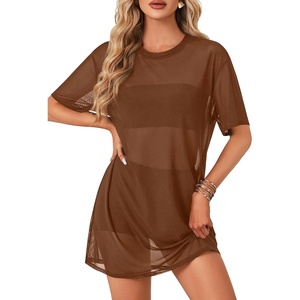 image:imageLYANER Womens Sheer Mesh Short Sleeve Tops Sexy See Through Oversized Shirt Dress Cover Ups TunicLight Caramel