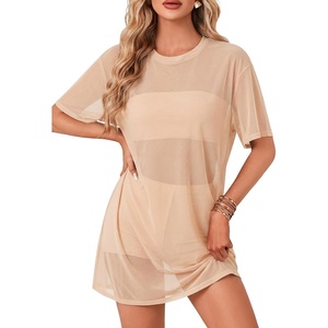 image:imageLYANER Womens Sheer Mesh Short Sleeve Tops Sexy See Through Oversized Shirt Dress Cover Ups TunicPink Apricot
