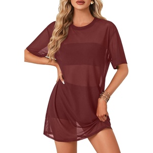 image:imageLYANER Womens Sheer Mesh Short Sleeve Tops Sexy See Through Oversized Shirt Dress Cover Ups TunicWine Red