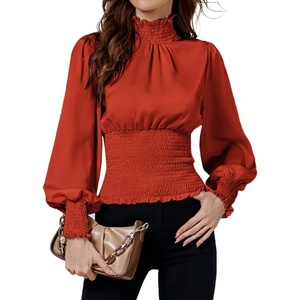 image:imageLYANER Womens Shirred Frill Mock Neck Smocked Puff Long Sleeve Blouse TopDark Orange
