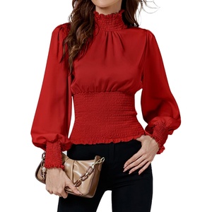 image:imageLYANER Womens Shirred Frill Mock Neck Smocked Puff Long Sleeve Blouse TopRed