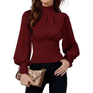 image:imageLYANER Womens Shirred Frill Mock Neck Smocked Puff Long Sleeve Blouse TopWine Red