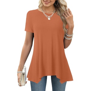 image:imageLYANER Womens Short Sleeve Blouse Crewneck Casual Asymmetrical Irregular Hem Tunic TopsCaramel