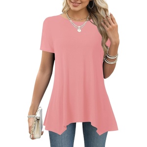 image:imageLYANER Womens Short Sleeve Blouse Crewneck Casual Asymmetrical Irregular Hem Tunic TopsDark Pink