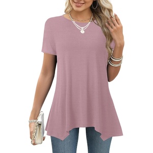 image:imageLYANER Womens Short Sleeve Blouse Crewneck Casual Asymmetrical Irregular Hem Tunic TopsDust Pink