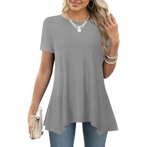image:imageLYANER Womens Short Sleeve Blouse Crewneck Casual Asymmetrical Irregular Hem Tunic TopsGray