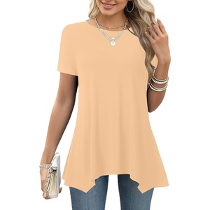 image:imageLYANER Womens Short Sleeve Blouse Crewneck Casual Asymmetrical Irregular Hem Tunic TopsKhaki