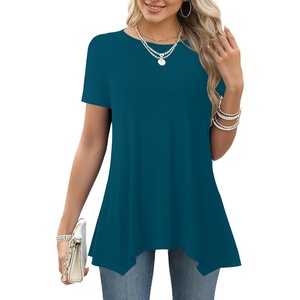 image:imageLYANER Womens Short Sleeve Blouse Crewneck Casual Asymmetrical Irregular Hem Tunic TopsTeal Blue