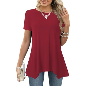 image:imageLYANER Womens Short Sleeve Blouse Crewneck Casual Asymmetrical Irregular Hem Tunic TopsWine Red