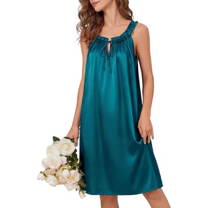 image:imageLYANER Womens Silky Satin Ruffle Round Neck Sleeveless Tie Pleated Casual Mini NightdressTeal Blue