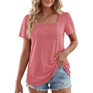 image:imageLYANER Womens Square Neck Short Sleeve Button Pleated Front Dressy Casual Blouse TopsDark Pink