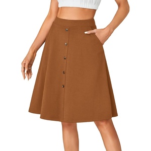 image:imageLYANER Womens Stretchy High Waist ALine Midi Skirt Flared Vintage Casual Skirts with PocketsBrown