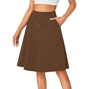 image:imageLYANER Womens Stretchy High Waist ALine Midi Skirt Flared Vintage Casual Skirts with PocketsDark Brown