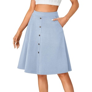 image:imageLYANER Womens Stretchy High Waist ALine Midi Skirt Flared Vintage Casual Skirts with PocketsLight Blue