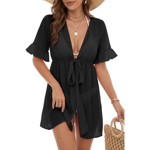 image:imageLYANER Womens Tie Knot Front Coverup V Neck Ruffle Sleeve Beach Cover Ups Cardigan TopsBlack