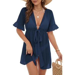 image:imageLYANER Womens Tie Knot Front Coverup V Neck Ruffle Sleeve Beach Cover Ups Cardigan TopsNavy Blue
