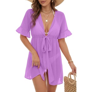 image:imageLYANER Womens Tie Knot Front Coverup V Neck Ruffle Sleeve Beach Cover Ups Cardigan TopsPurple