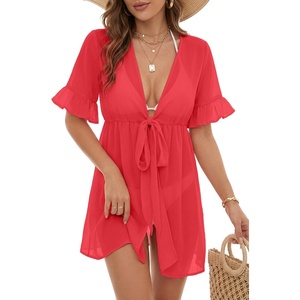 image:imageLYANER Womens Tie Knot Front Coverup V Neck Ruffle Sleeve Beach Cover Ups Cardigan TopsRed
