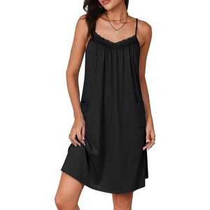 image:imageLYANER Womens V Neck Lace Sleeveless Spaghetti Strap Nightgowns Sleepwear with PocketsBlack