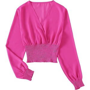 image:imageLYANER Womens V Neck Shirred Polka Dots Long Sleeve Frill Crop Blouse Shirt TopsSolid Hot Pink