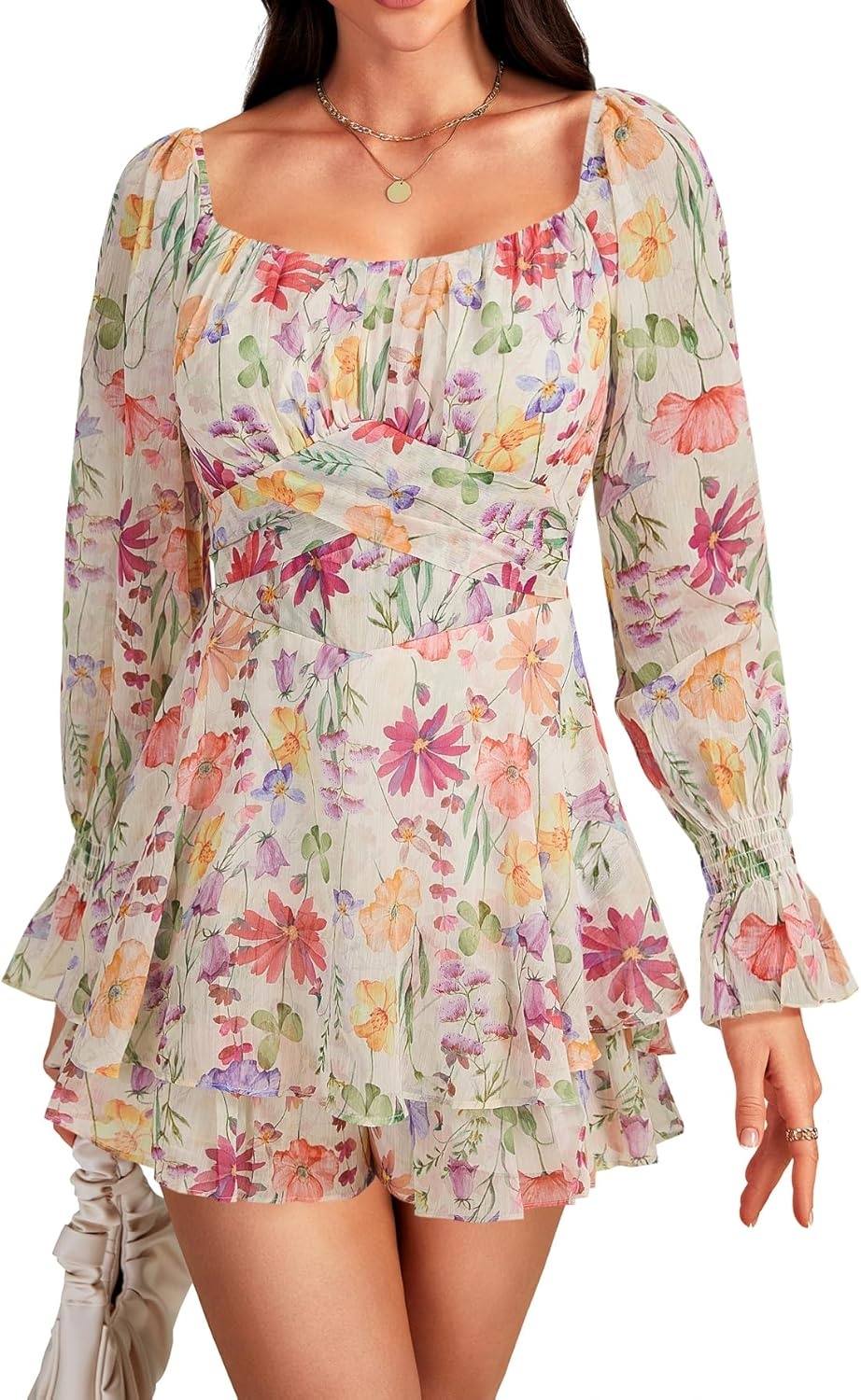 image:imageLYANER Womens Floral Print Off Shoulder Long Sleeve Ruffle Hem Romper Short JumpsuitFloral Multicolored