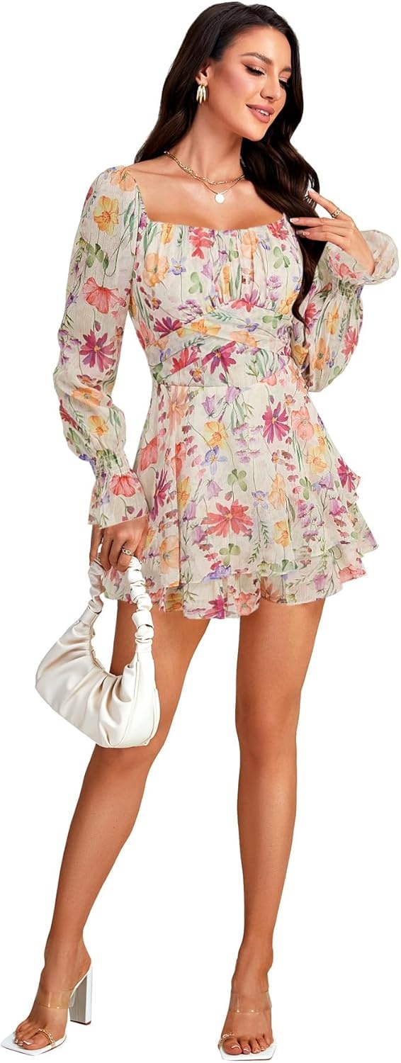 image:imageLYANER Womens Floral Print Off Shoulder Long Sleeve Ruffle Hem Romper Short JumpsuitFloral Multicolored