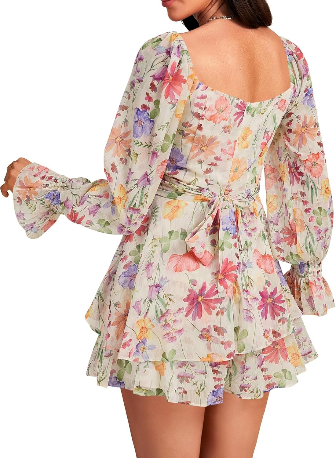 image:imageLYANER Womens Floral Print Off Shoulder Long Sleeve Ruffle Hem Romper Short JumpsuitFloral Multicolored