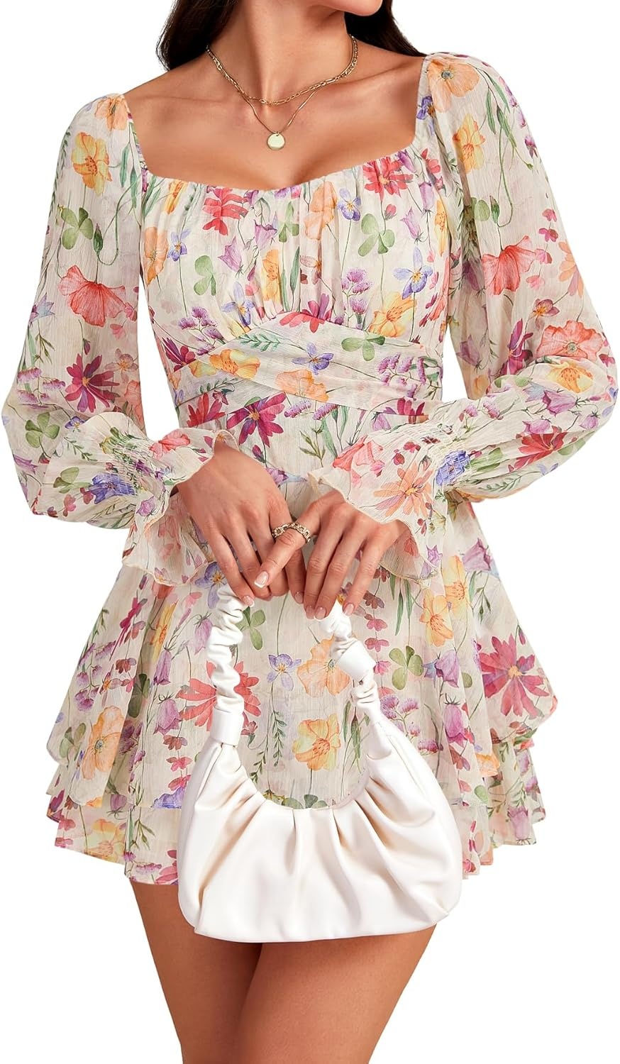 image:imageLYANER Womens Floral Print Off Shoulder Long Sleeve Ruffle Hem Romper Short JumpsuitFloral Multicolored