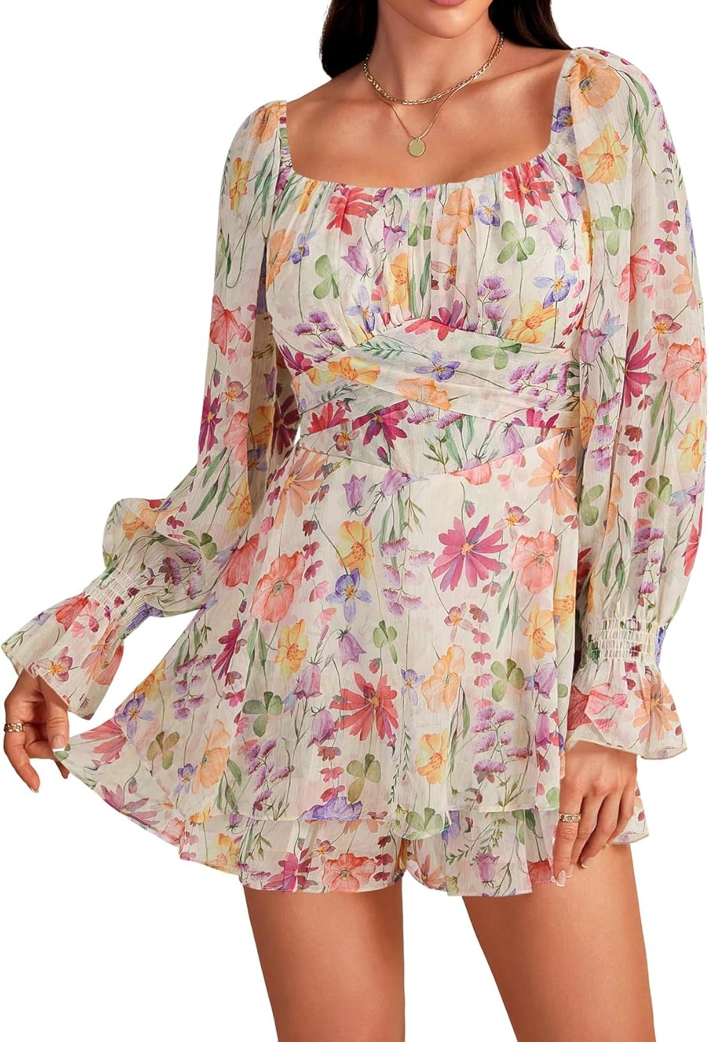 image:imageLYANER Womens Floral Print Off Shoulder Long Sleeve Ruffle Hem Romper Short JumpsuitFloral Multicolored