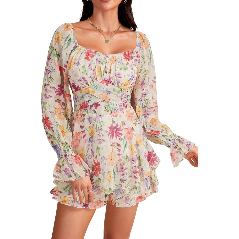 image:imageLYANER Womens Floral Print Off Shoulder Long Sleeve Ruffle Hem Romper Short JumpsuitFloral Multicolored
