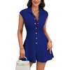 image:imageLYANER Womens Collared V Neck Button Down Cap Sleeve Sexy Rompers JumpsuitsRoyal Blue