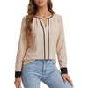 image:imageLYANER Womens Color Block Pleated Round Neck Cutout Long Sleeve Dressy Casual Blouse TopsBeige