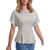 image:imageLYANER Womens Crew Neck Raglan Short Sleeve Pleated Peplum Dressy Casual Blouse TopsLight Gray