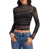 image:imageLYANER Womens Floral Mesh Long Sleeve Sheer Mock Neck Slim Fit Going Out Tee Crop TopsKhaki Blue Tie Dye