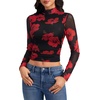 image:imageLYANER Womens Floral Mesh Long Sleeve Sheer Mock Neck Slim Fit Going Out Tee Crop TopsWine Red
