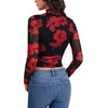 image:imageLYANER Womens Floral Mesh Long Sleeve Sheer Mock Neck Slim Fit Going Out Tee Crop TopsWine Red