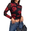 image:imageLYANER Womens Floral Mesh Long Sleeve Sheer Mock Neck Slim Fit Going Out Tee Crop TopsWine Red