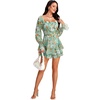 image:imageLYANER Womens Floral Print Off Shoulder Long Sleeve Ruffle Hem Romper Short JumpsuitFloral Aqua