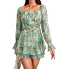 image:imageLYANER Womens Floral Print Off Shoulder Long Sleeve Ruffle Hem Romper Short JumpsuitFloral Aqua