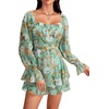 image:imageLYANER Womens Floral Print Off Shoulder Long Sleeve Ruffle Hem Romper Short JumpsuitFloral Aqua